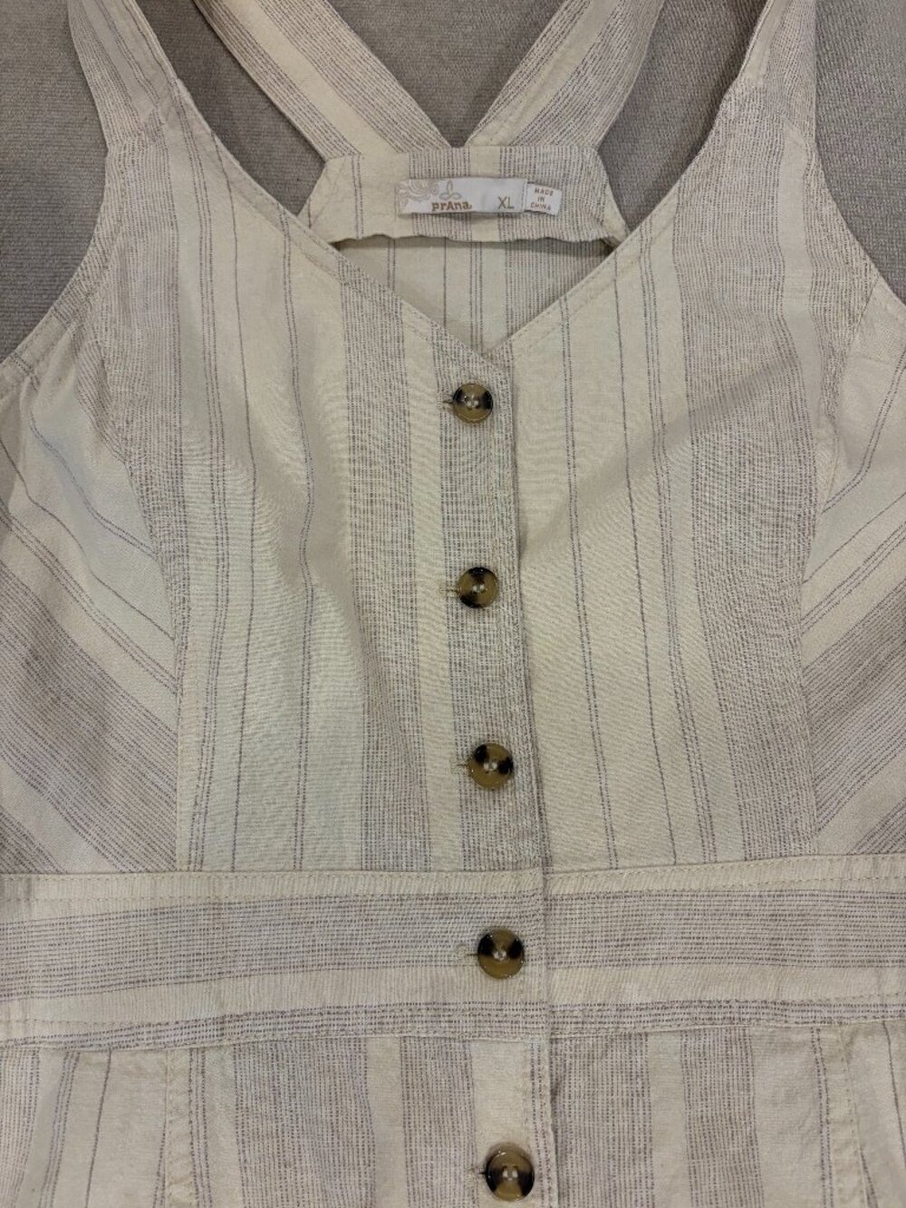Prana Grace Trail Dress Stone Stripe Sleeveless Button down hemp blend XL